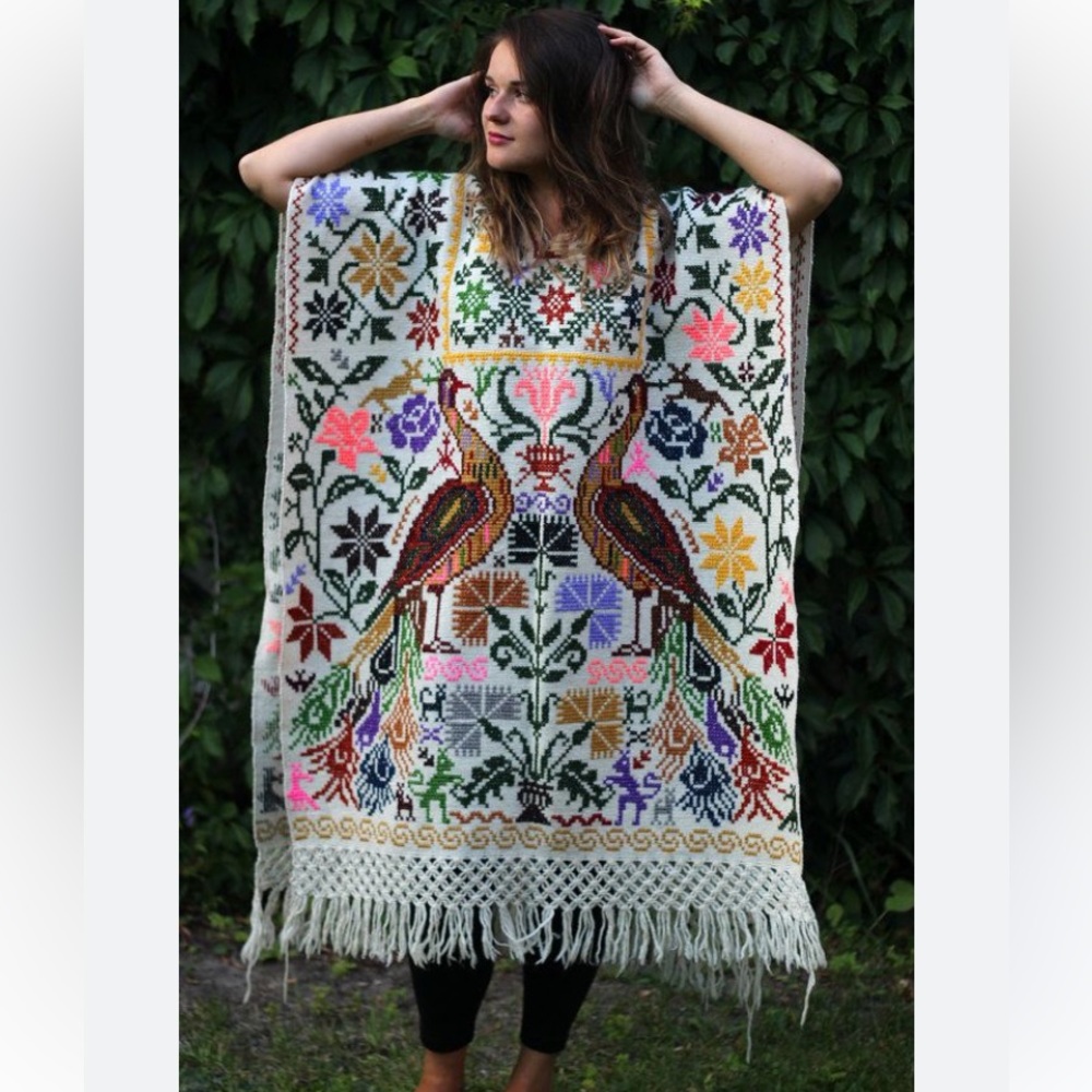 Mexican woven fringe bird multi-colored floral poncho ivory black orange shawl